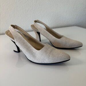VINTAGE Anne Klein Slingback Pumps Womens 7.5M Beige Linen Italian Leather
